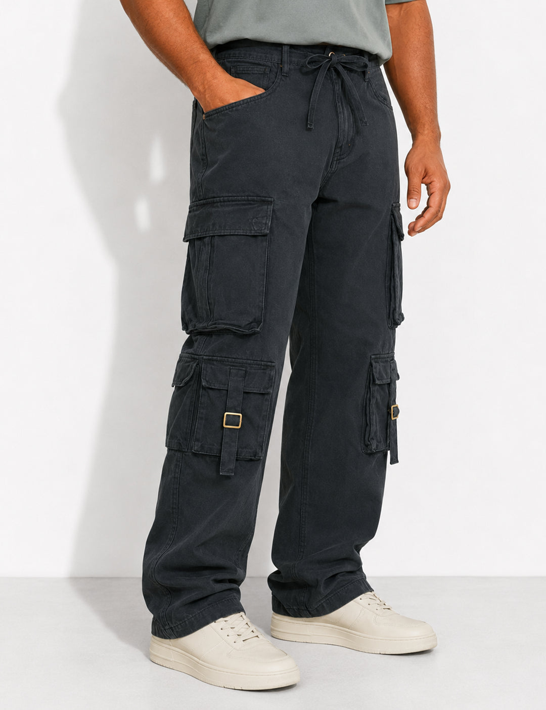 Black Multi Pocket Button Closure Cargo Denim