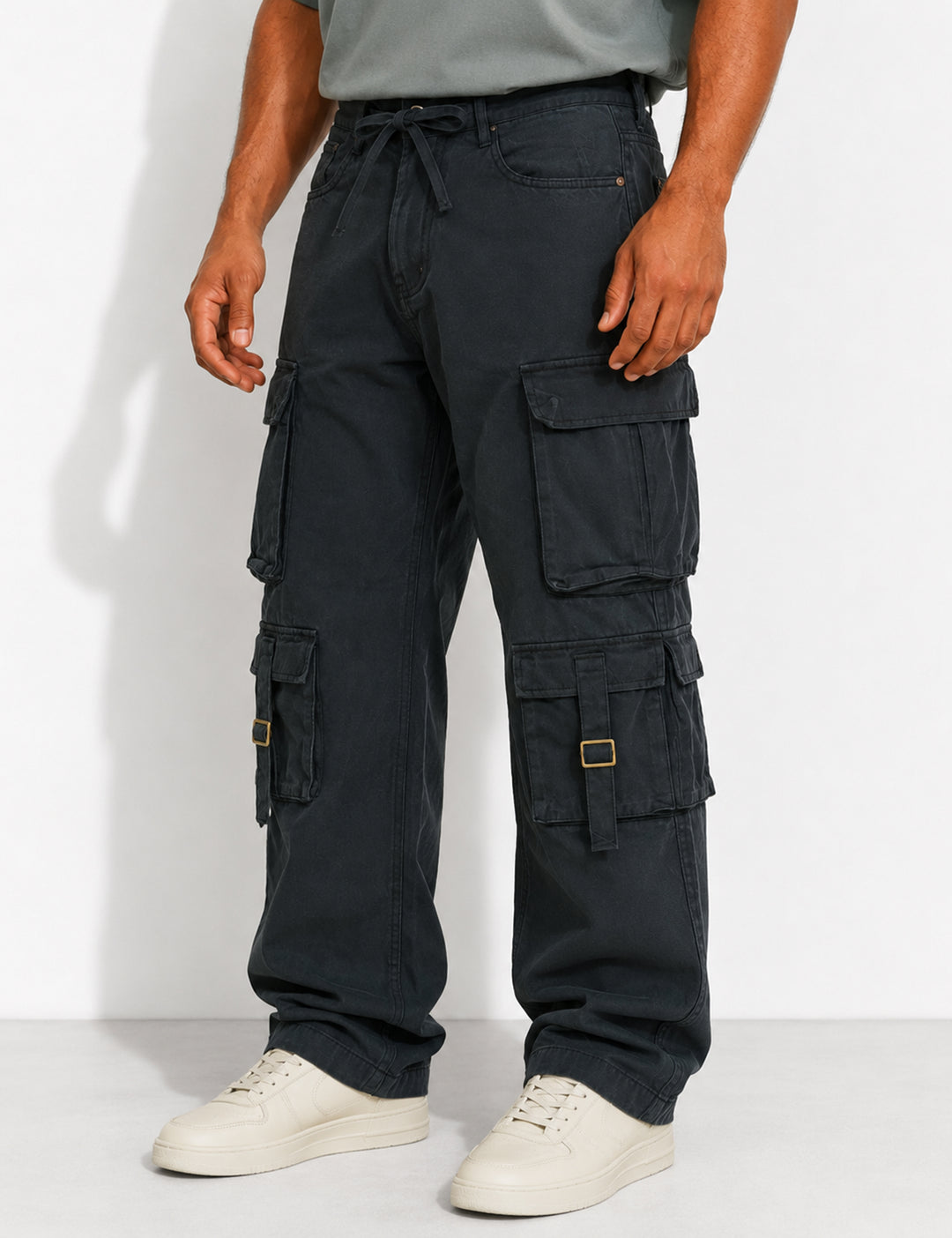 Black Multi Pocket Button Closure Cargo Denim