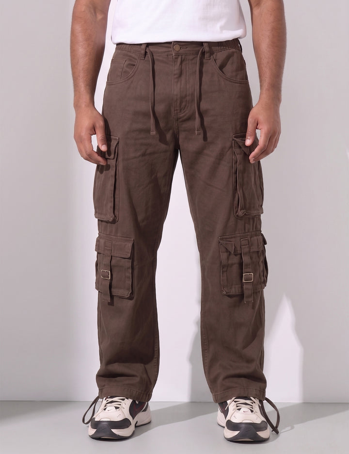 Brown Multi Pocket Button Closure Cargo Denim