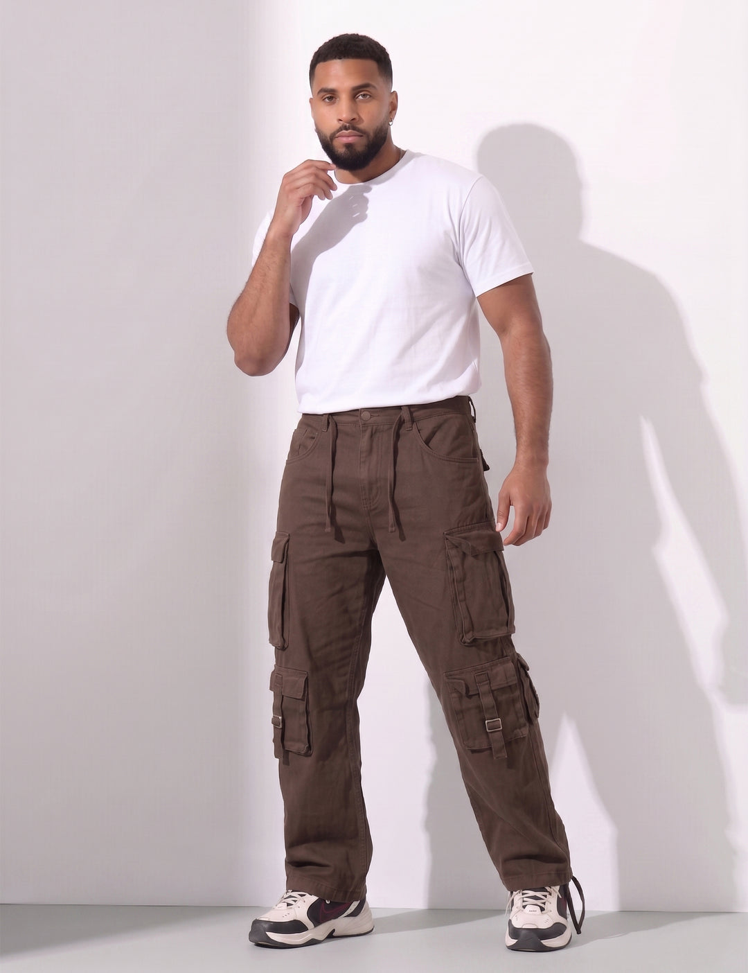 Brown Multi Pocket Button Closure Cargo Denim