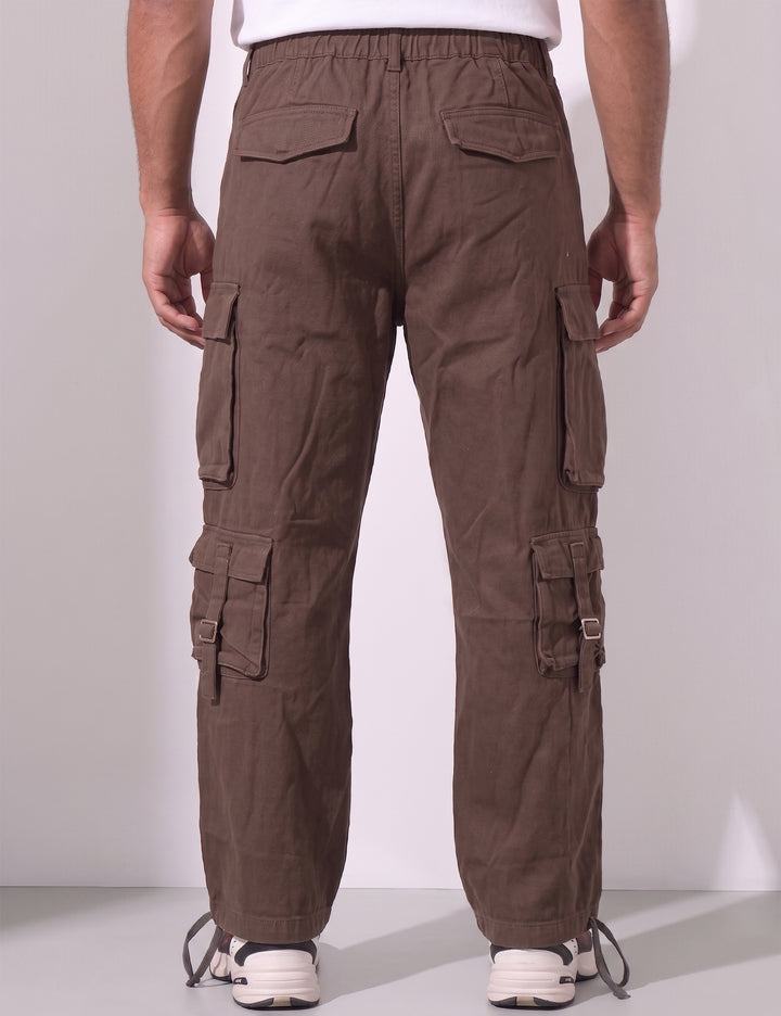 Brown Multi Pocket Button Closure Cargo Denim