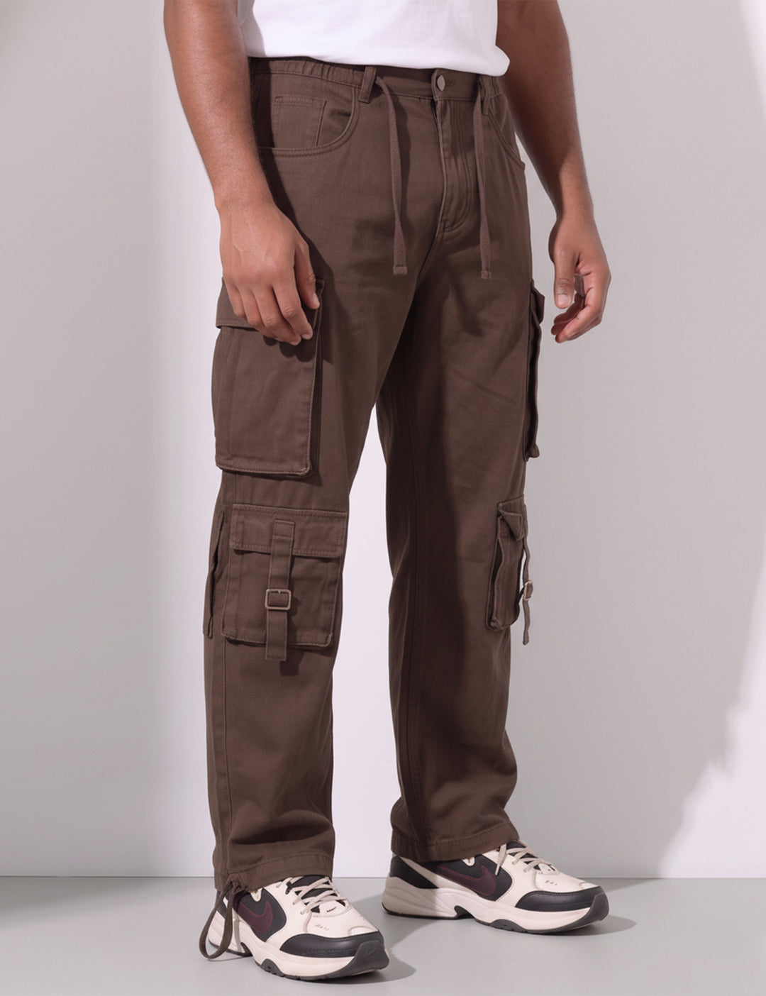 Brown Multi Pocket Button Closure Cargo Denim