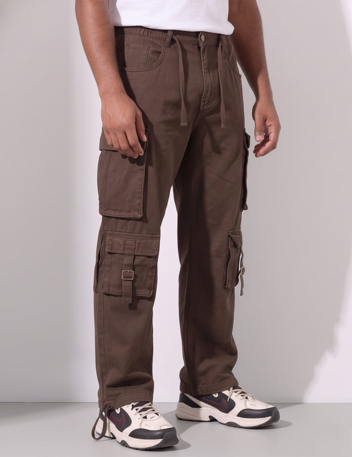 Brown Multi Pocket Button Closure Cargo Denim
