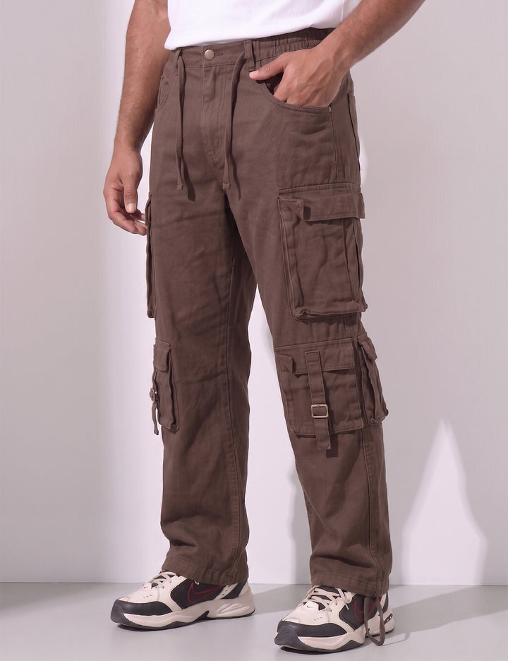 Brown Multi Pocket Button Closure Cargo Denim