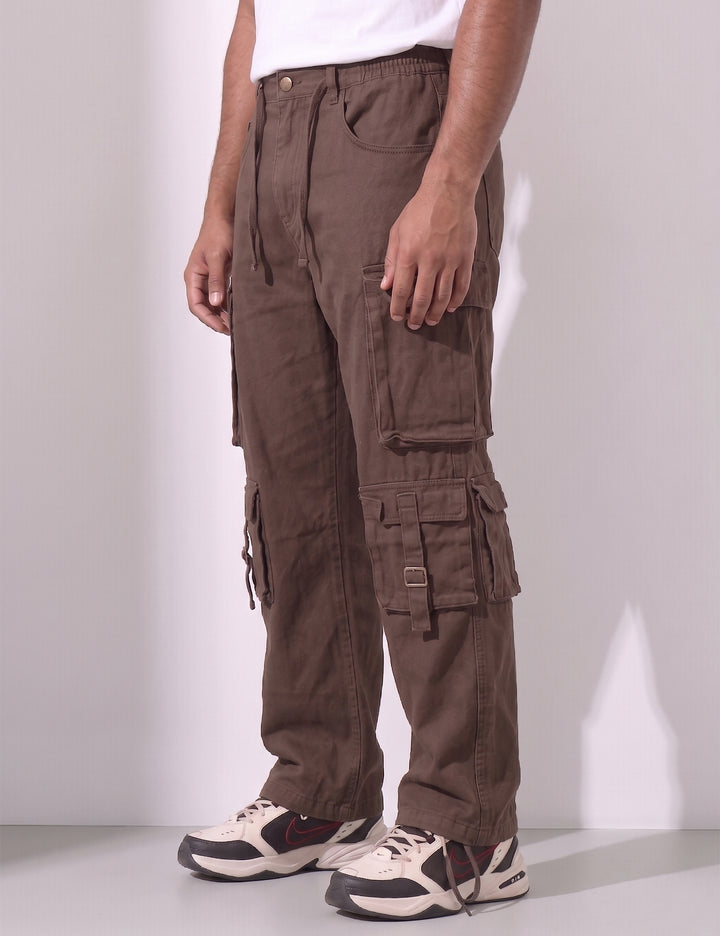 Brown Multi Pocket Button Closure Cargo Denim