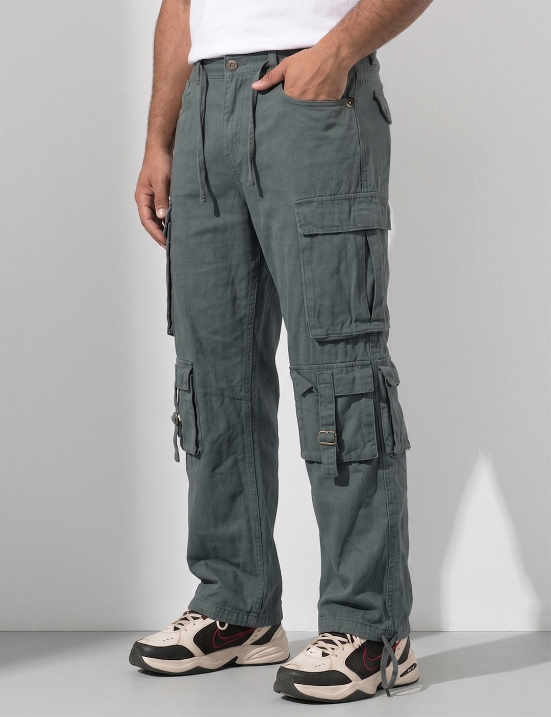 Steel Multi Pocket Button Closure Cargo Denim
