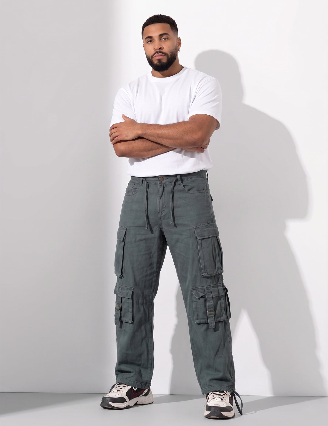 Steel Multi Pocket Button Closure Cargo Denim