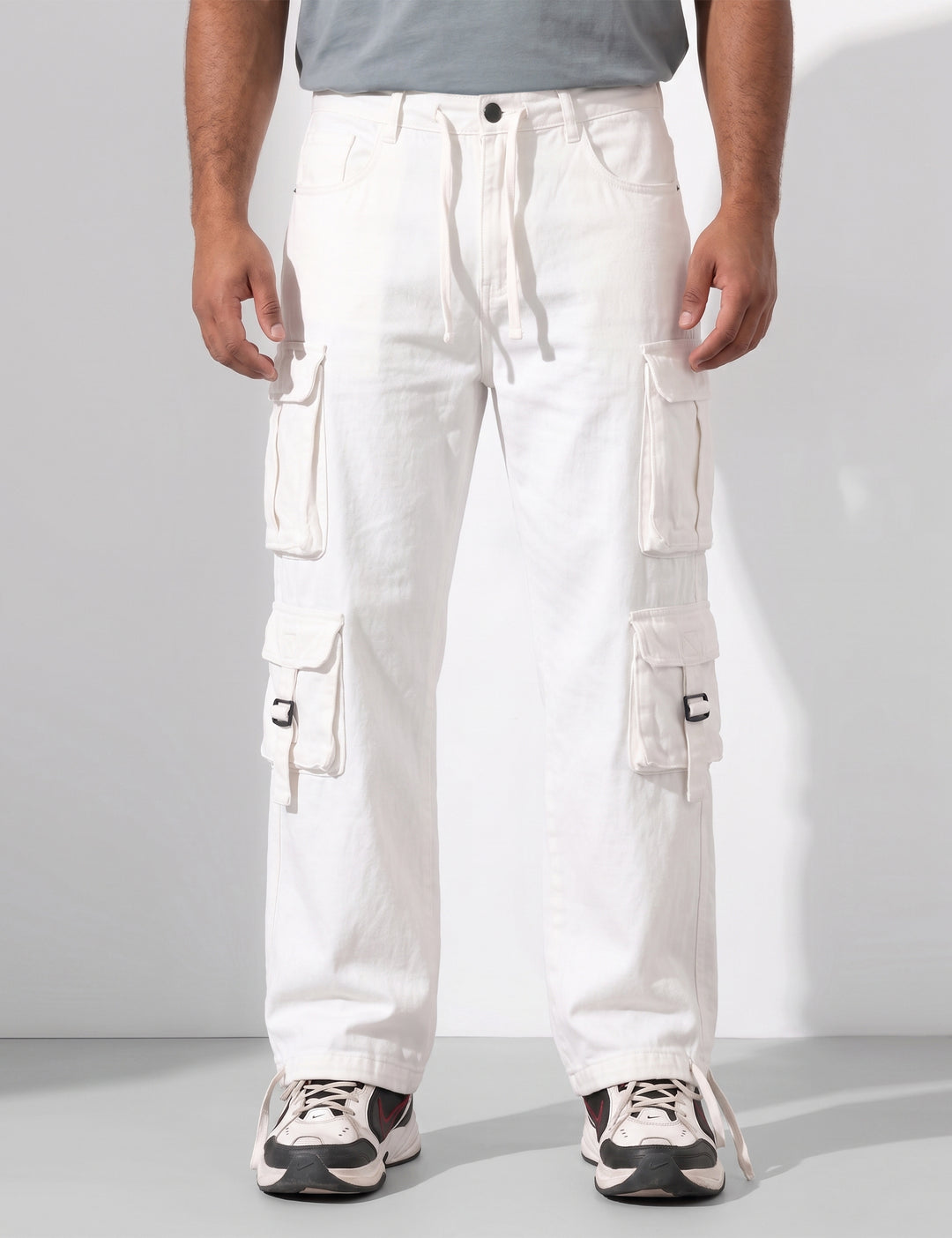 White Multi Pocket Button Closure Cargo Denim
