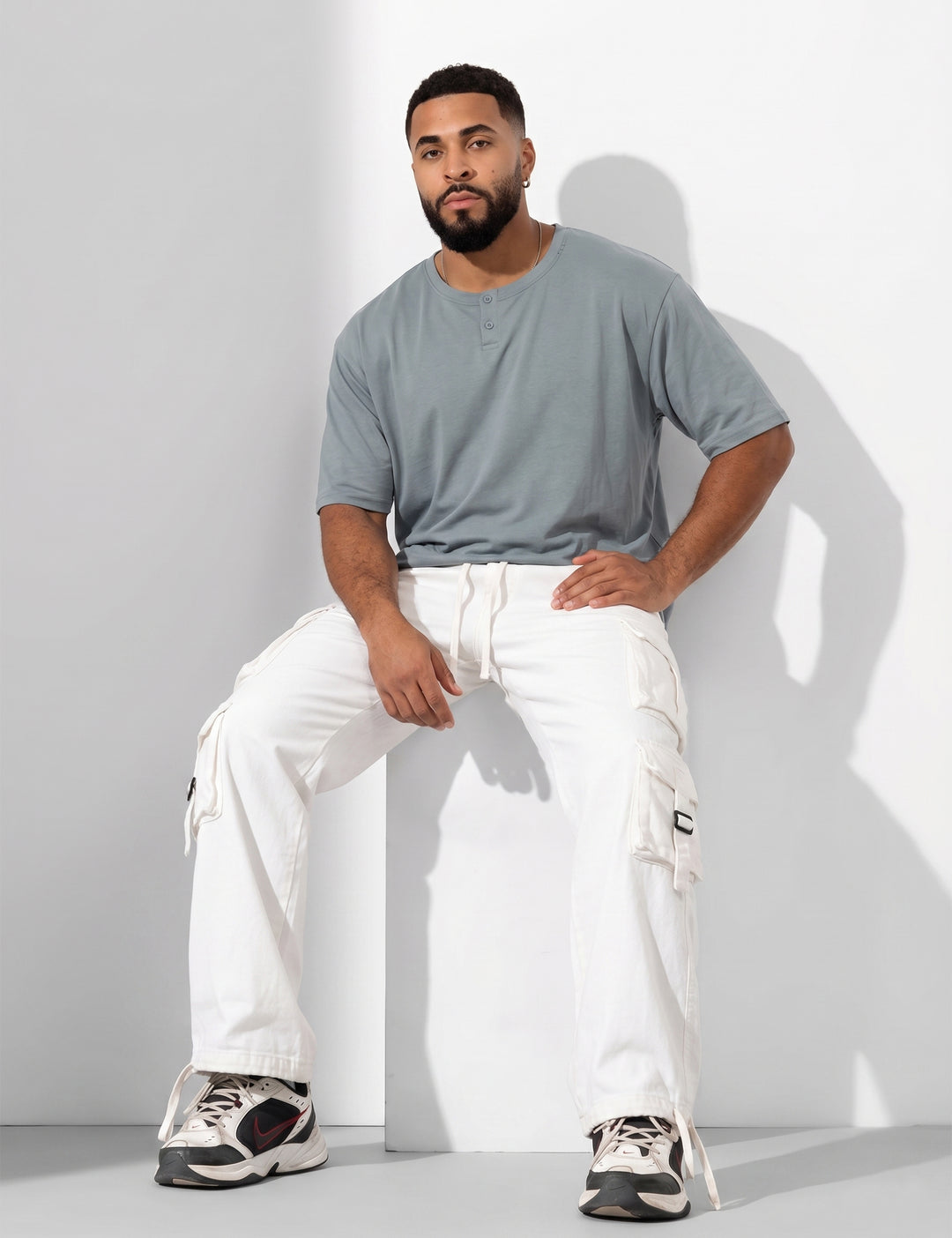 White Multi Pocket Button Closure Cargo Denim