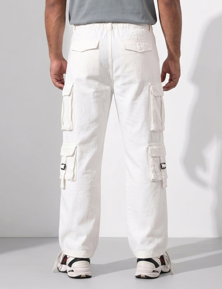 White Multi Pocket Button Closure Cargo Denim