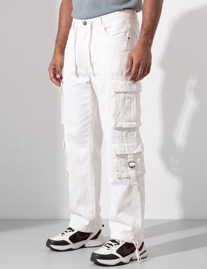 White Multi Pocket Button Closure Cargo Denim