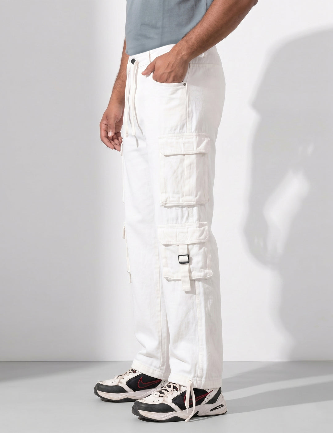 White Multi Pocket Button Closure Cargo Denim