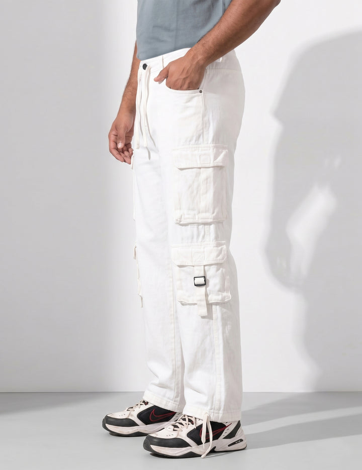 White Multi Pocket Button Closure Cargo Denim