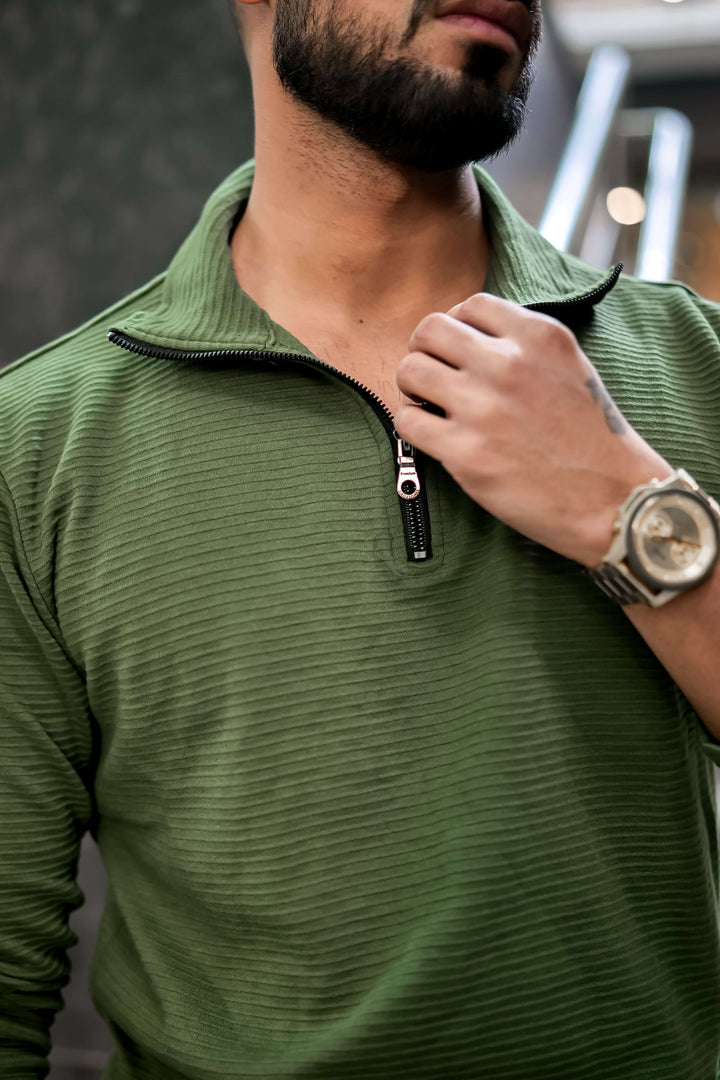 Green Textured Zipper T-Shirt