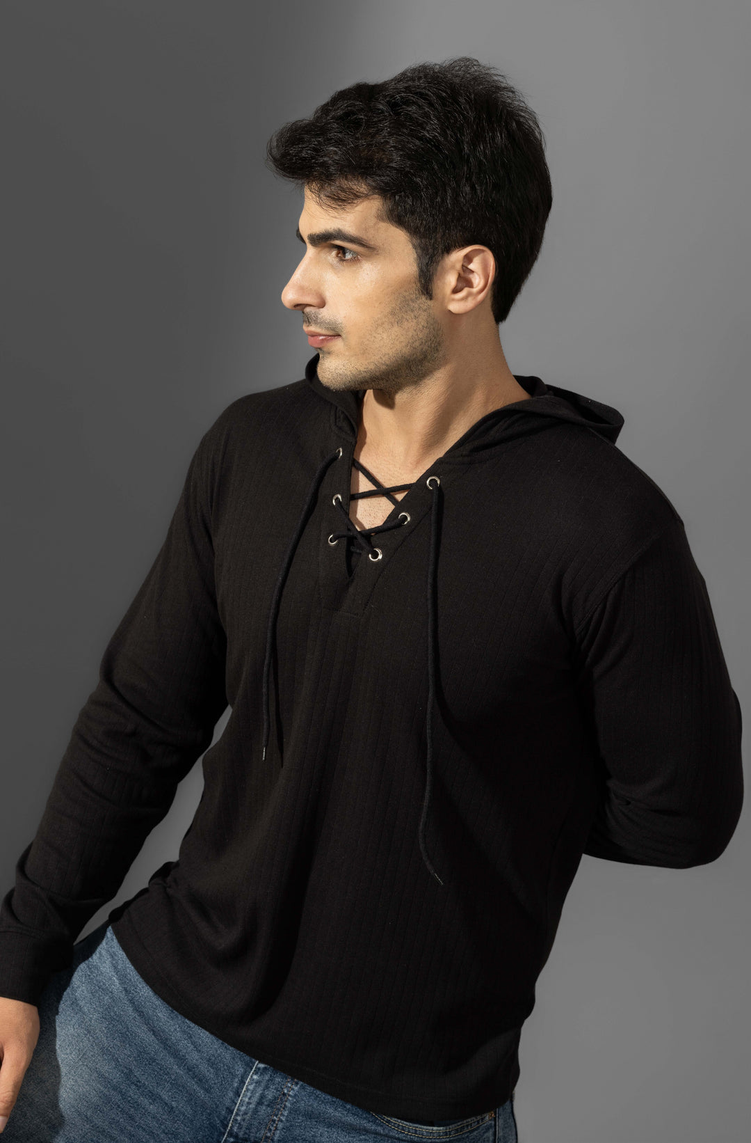 Black Full Sleeve Hooded Neck T-Shirt