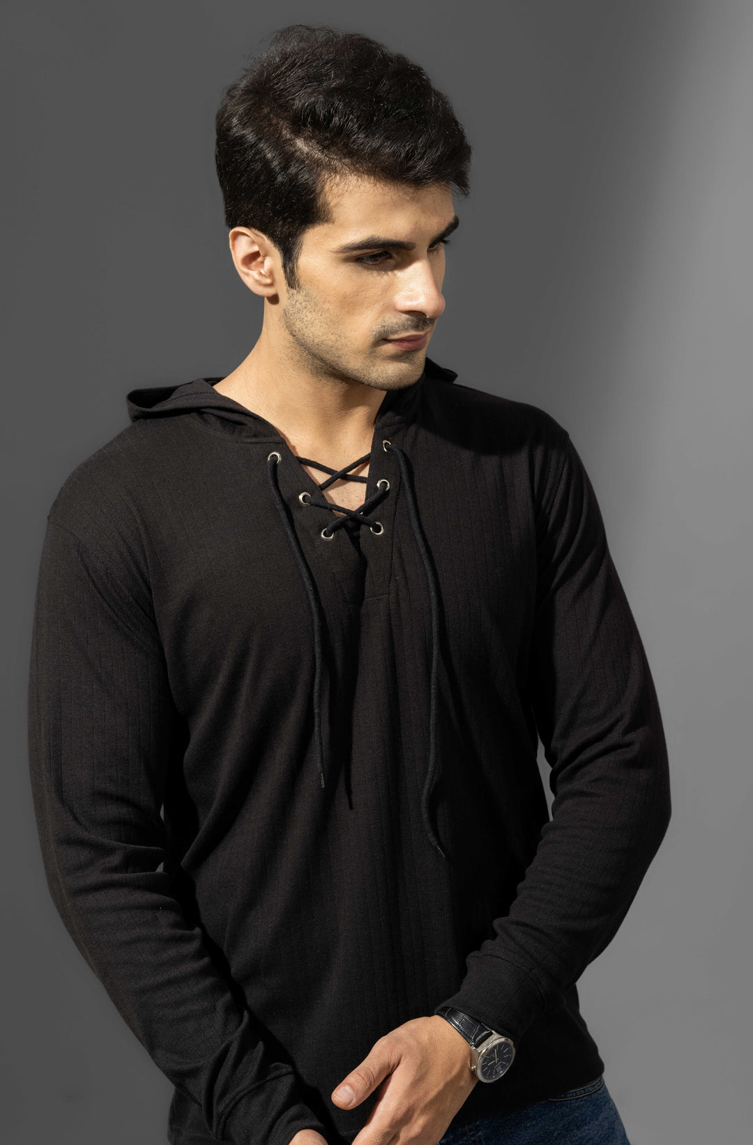 Black Full Sleeve Hooded Neck T-Shirt