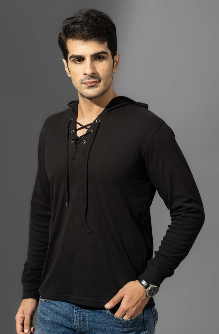 Black Full Sleeve Hooded Neck T-Shirt