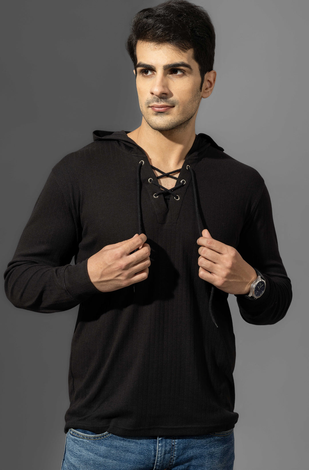 Black Full Sleeve Hooded Neck T-Shirt