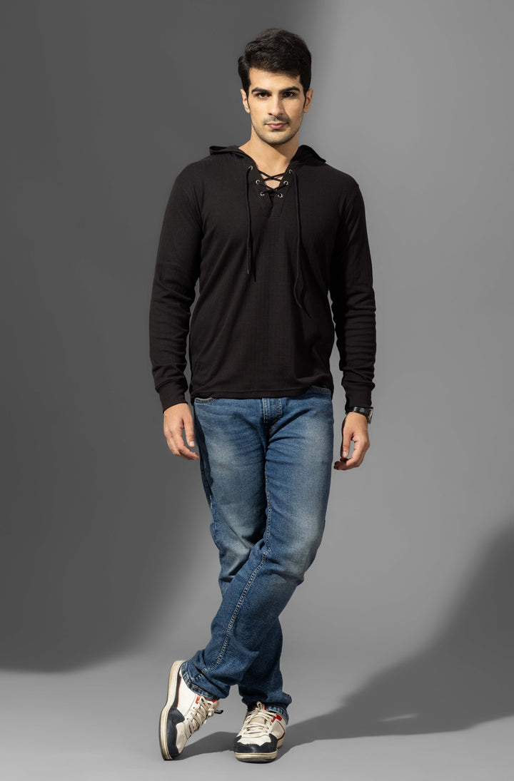 Black Full Sleeve Hooded Neck T-Shirt