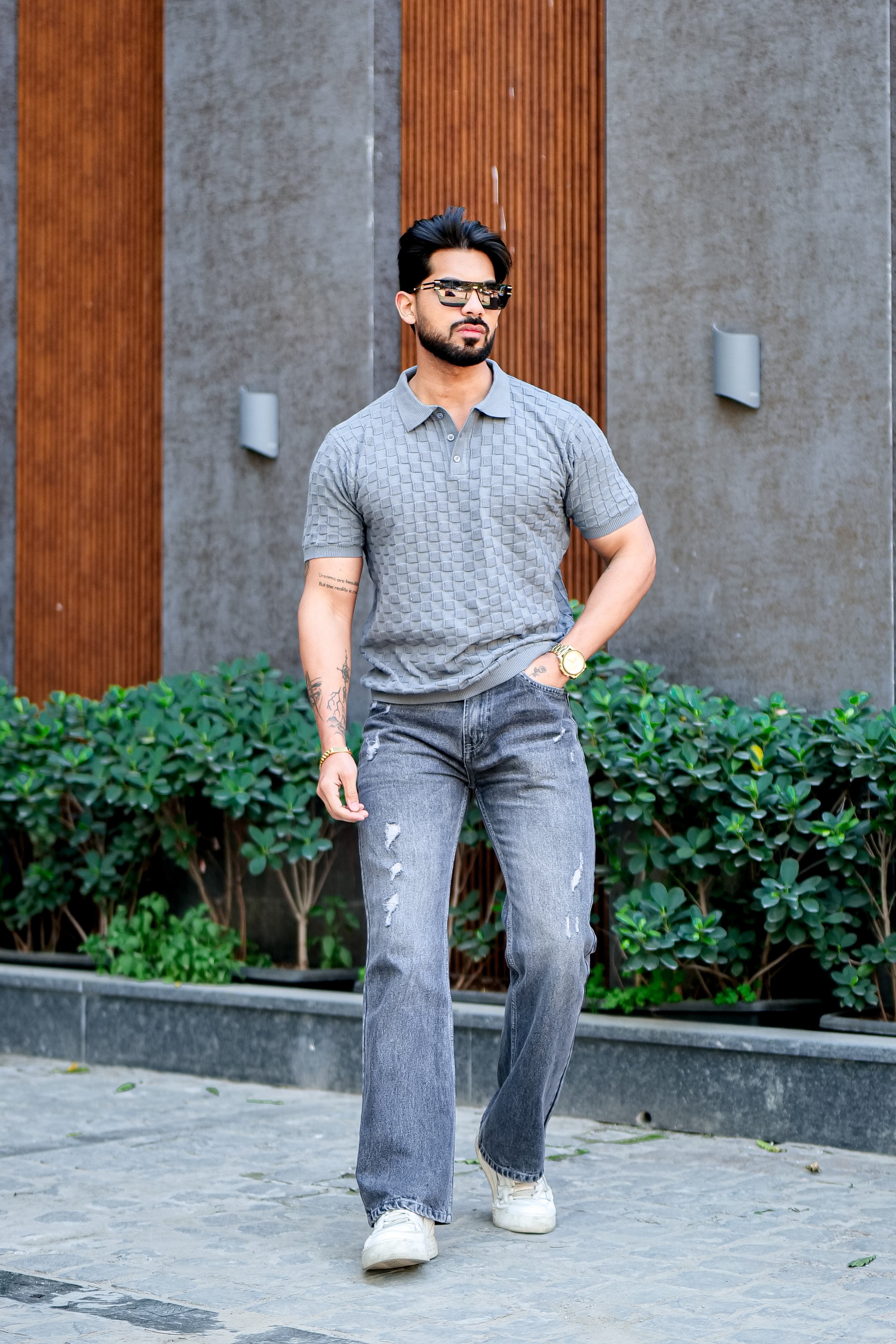 Grey Premium Flat knit Polo T-shirt