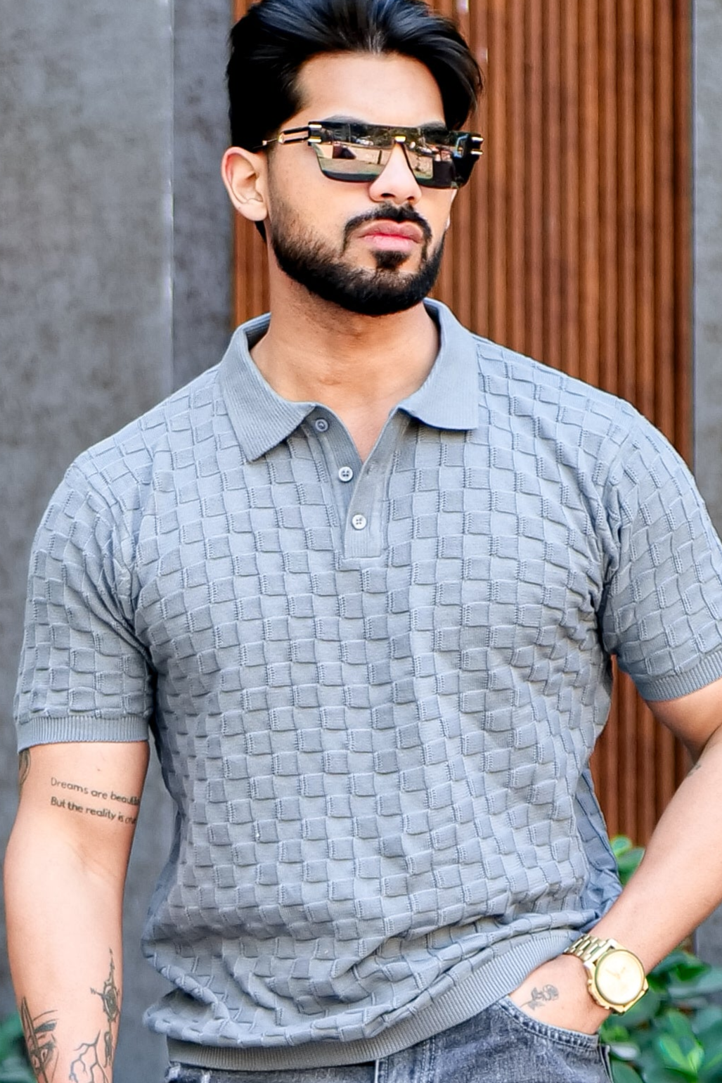 Grey Premium Flat knit Polo T-shirt
