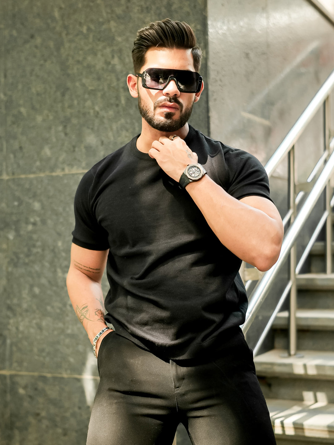 Black Premium Flat Knit Round Neck T-Shirt