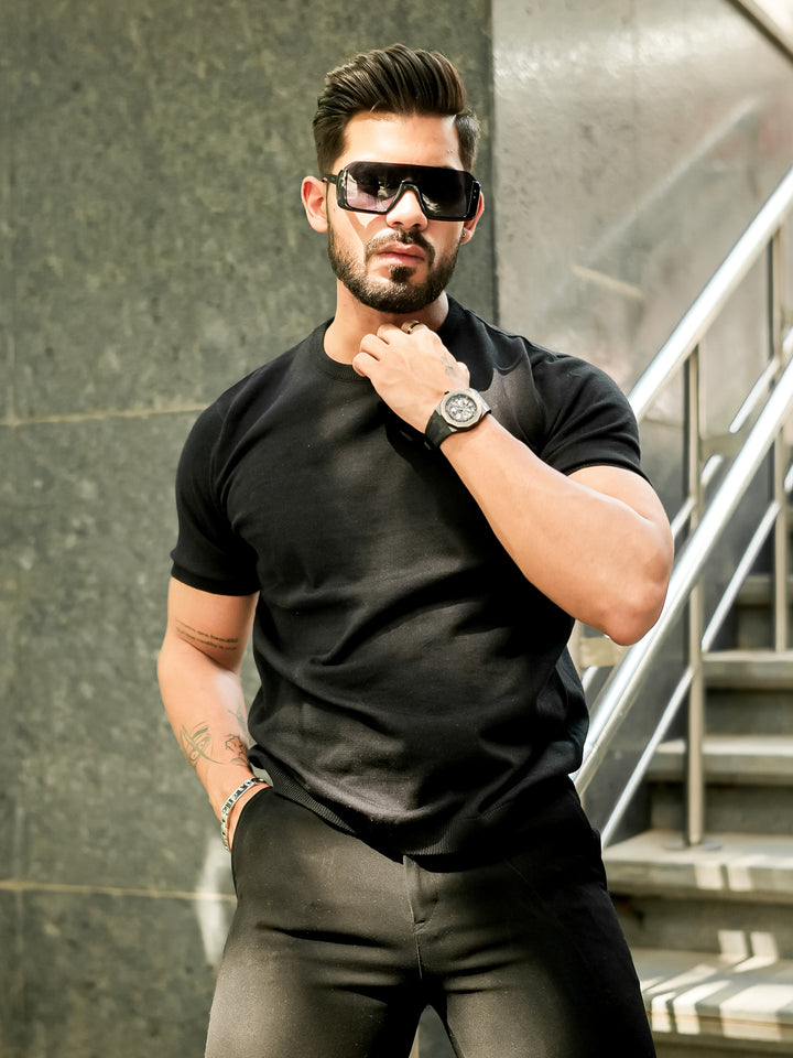 Black Premium Flat Knit Round Neck T-Shirt