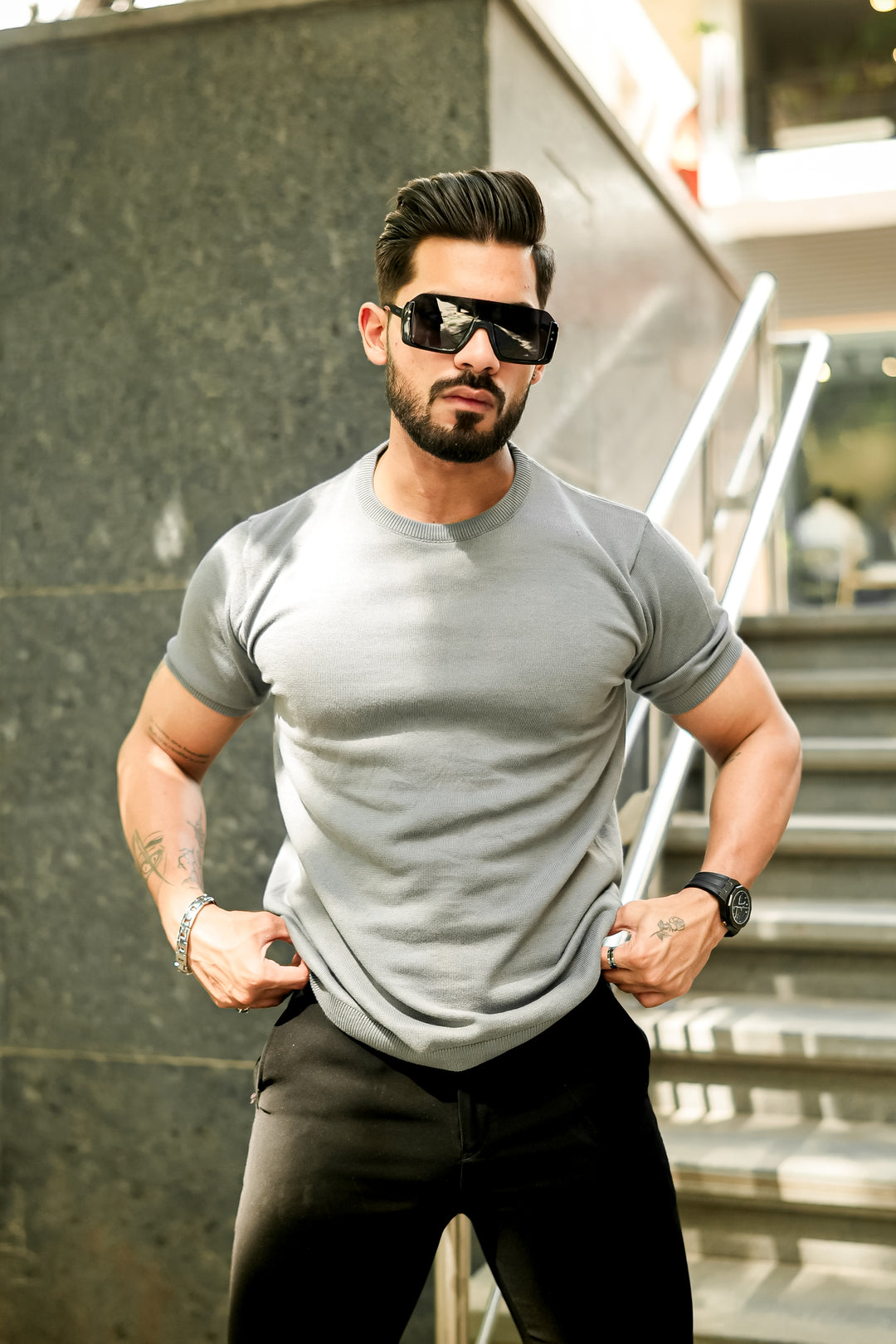 Grey Premium Flat Knit Round Neck T-Shirt