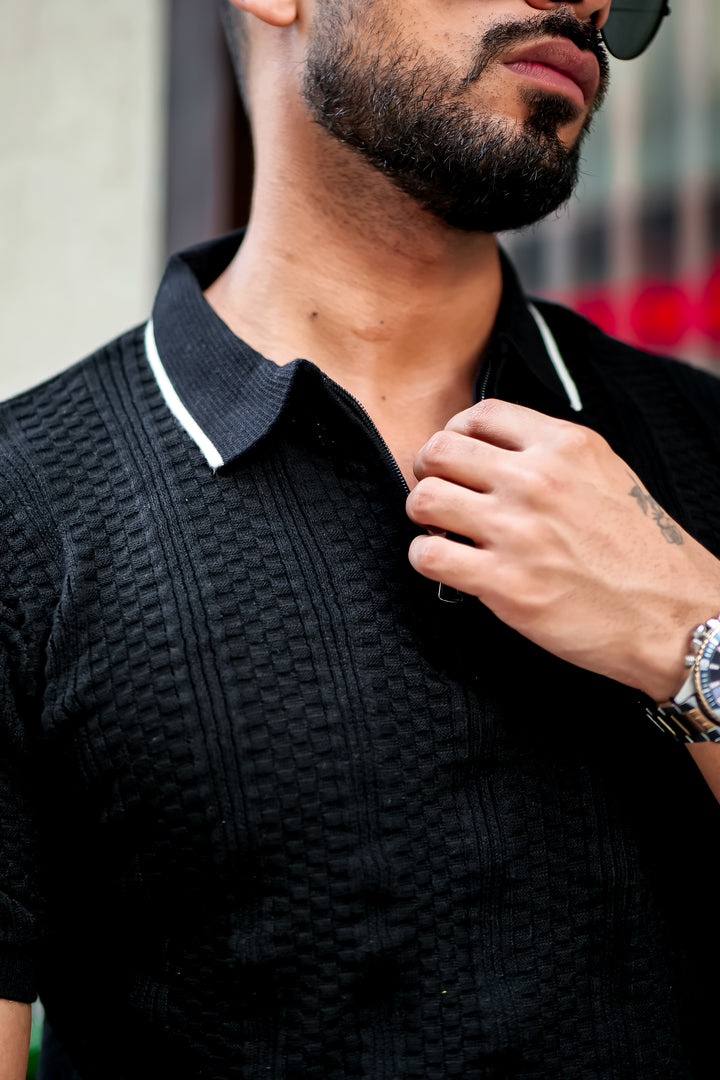 Black Embedded Texture Flat Knit Polo T-Shirt