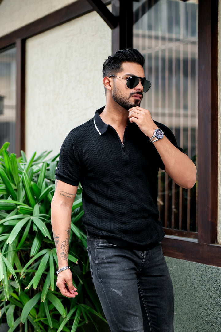 Black Embedded Texture Flat Knit Polo T-Shirt