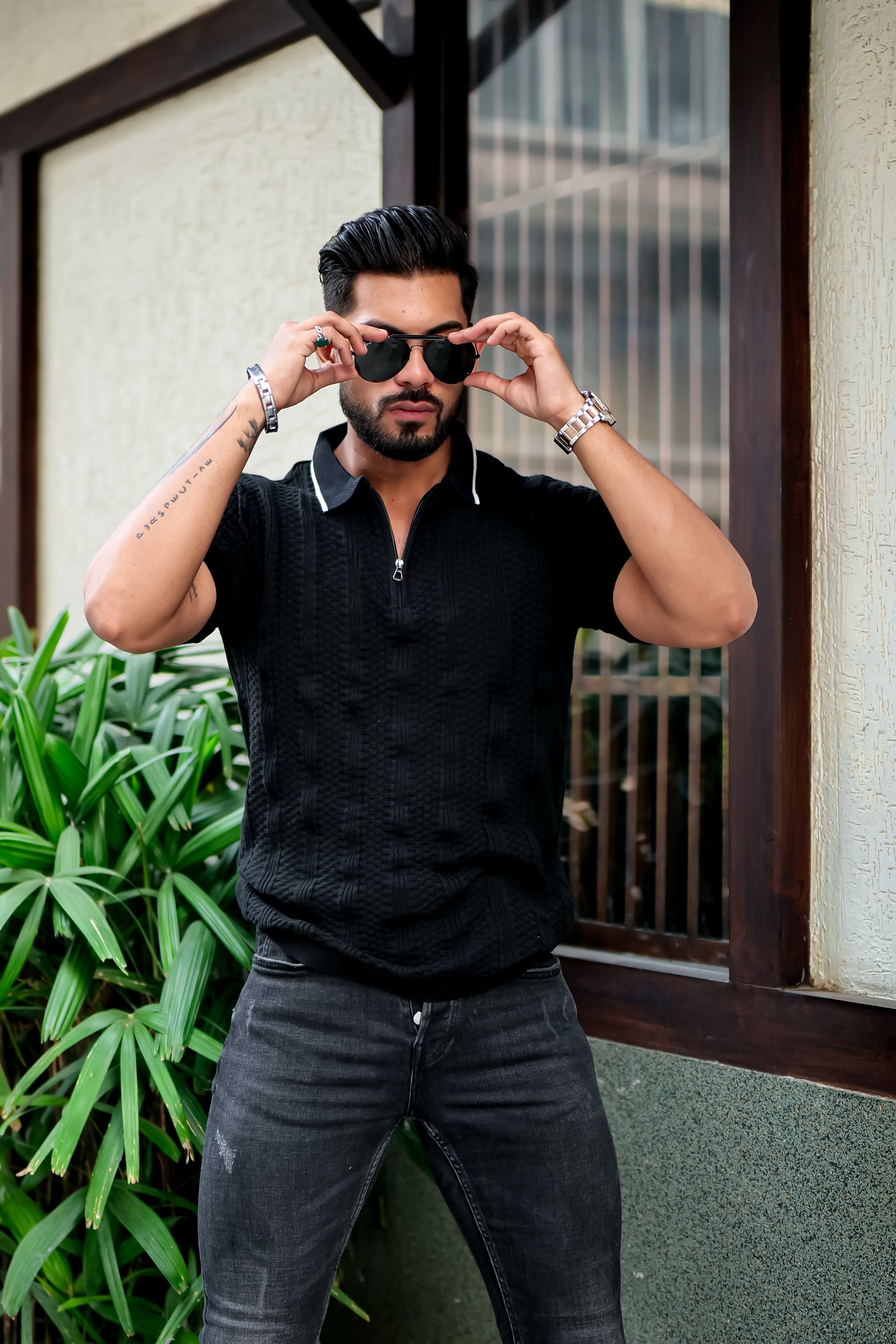 Black Embedded Texture Flat Knit Polo T-Shirt