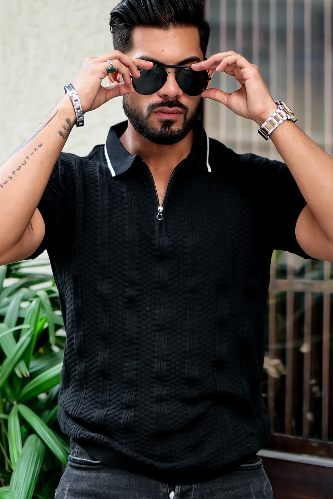 Black Embedded Texture Flat Knit Polo T-Shirt - Main Image