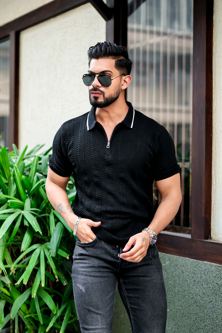 Black Embedded Texture Flat Knit Polo T-Shirt
