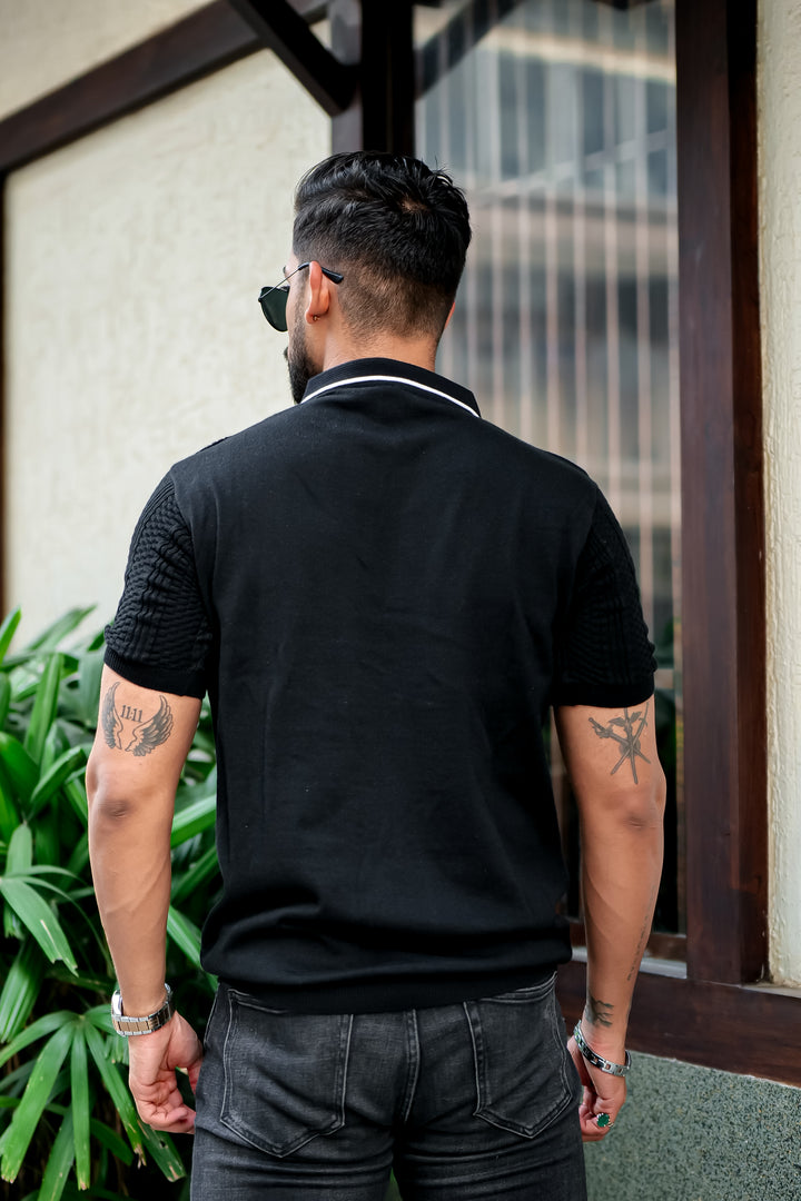 Black Embedded Texture Flat Knit Polo T-Shirt