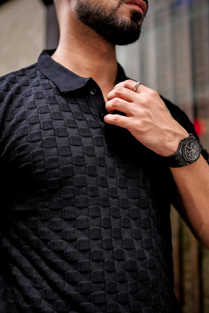 Black Embedded Texture Polo T-Shirt