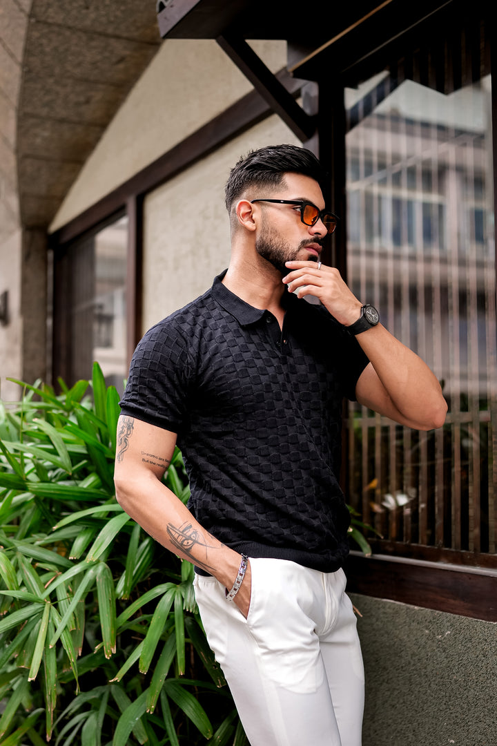 Black Embedded Texture Polo T-Shirt