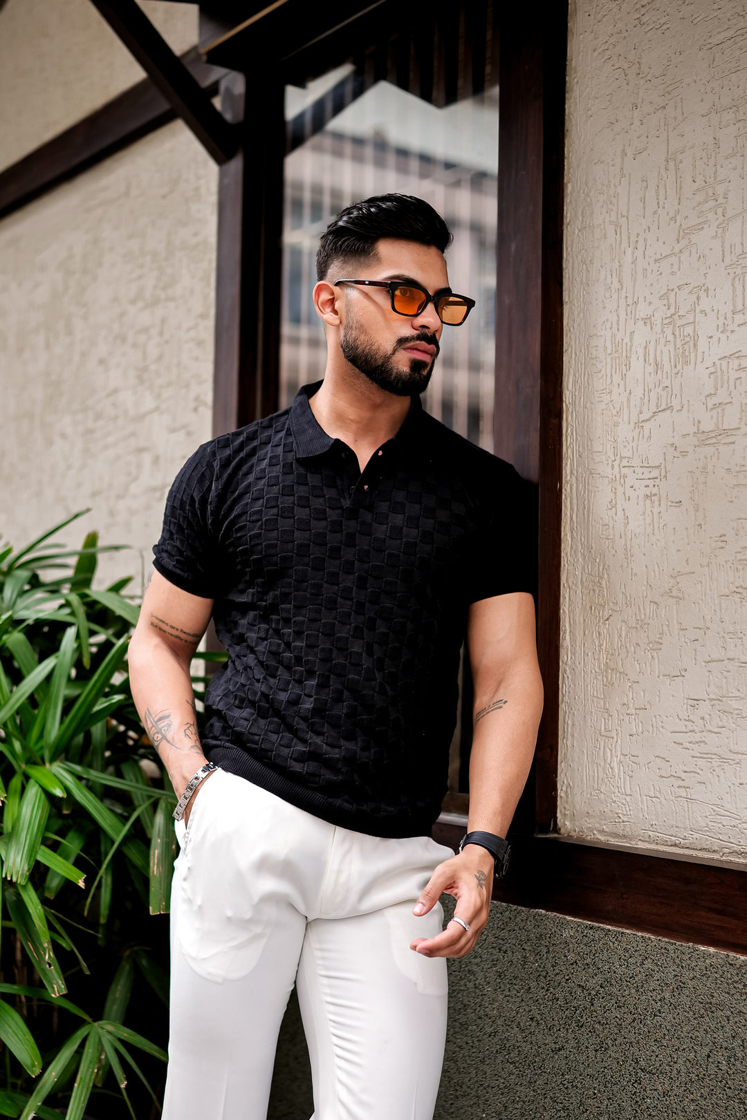 Black Embedded Texture Polo T-Shirt