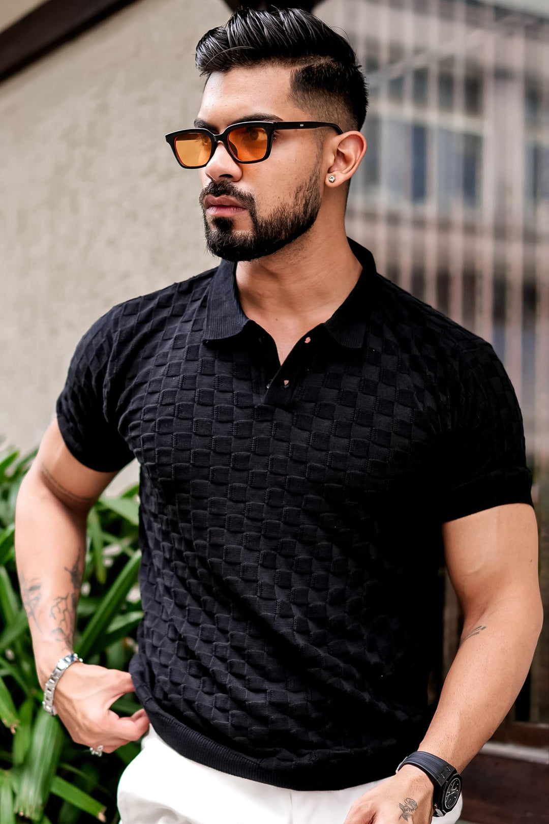 Black Embedded Texture Polo T-Shirt