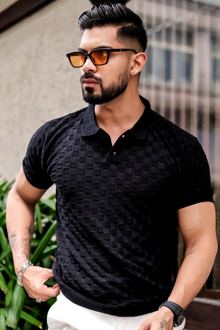 Black Embedded Texture Polo T-Shirt