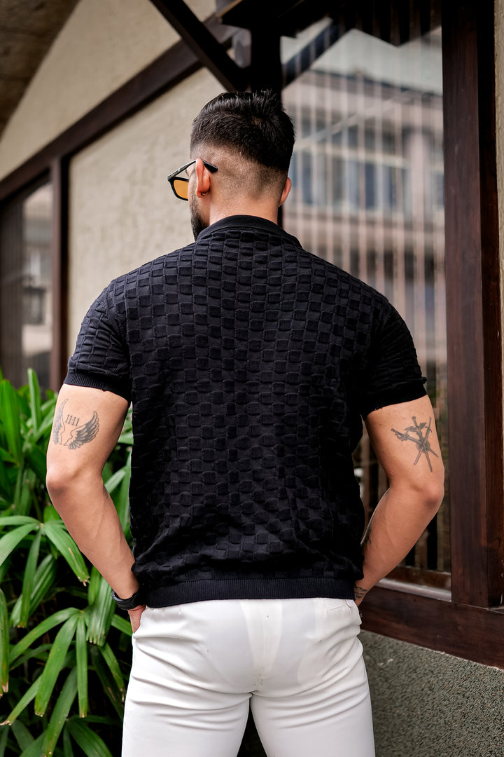 Black Embedded Texture Polo T-Shirt