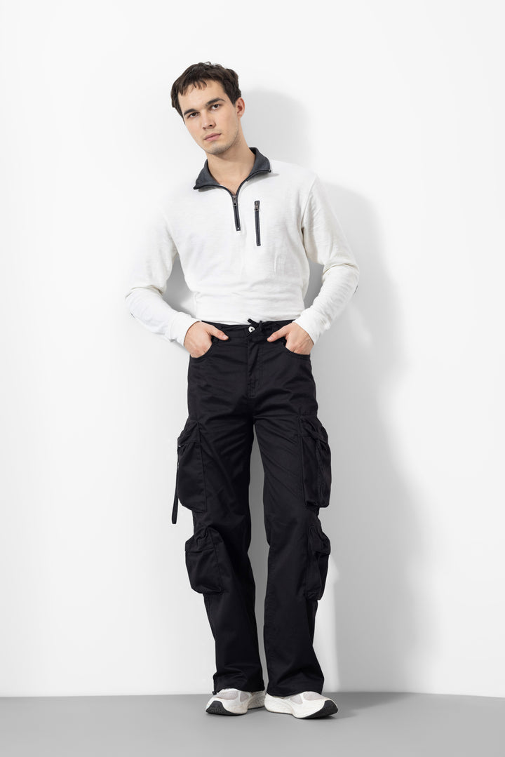Black Color Men Cotton Cargo Pants
