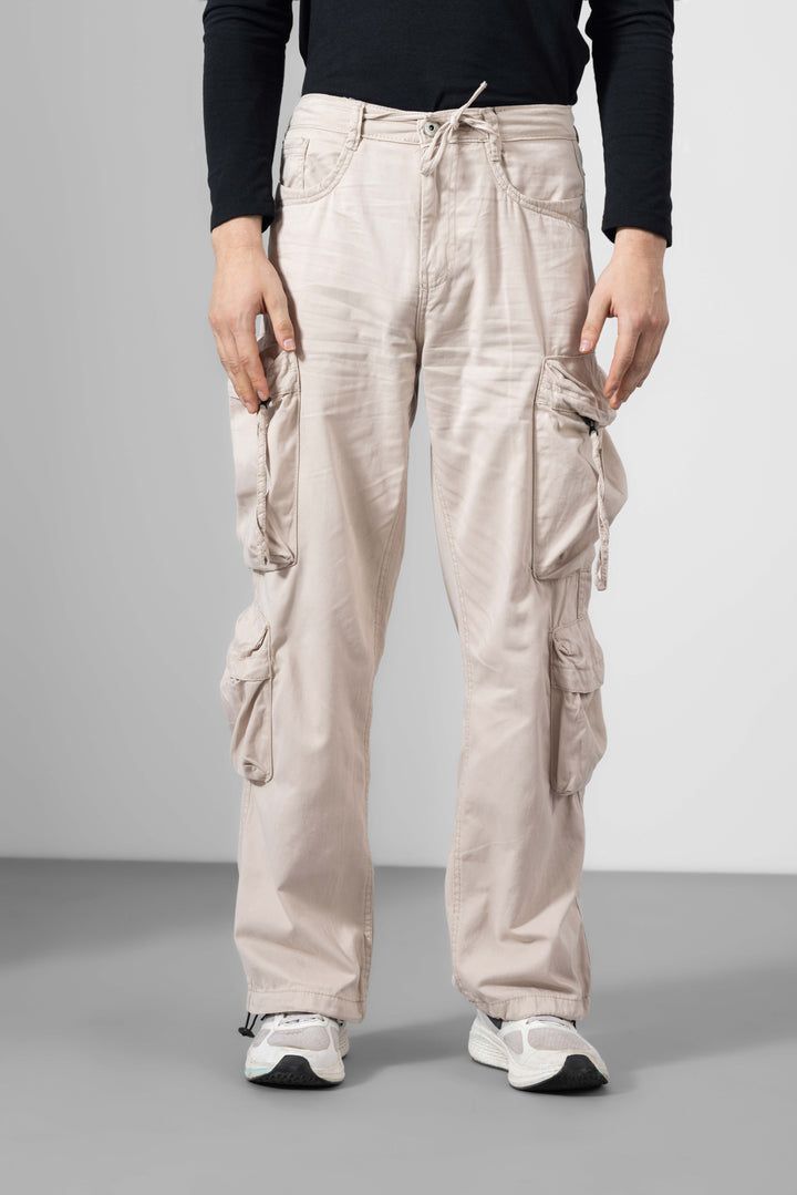 Cream Men Cotton Cargo Pants