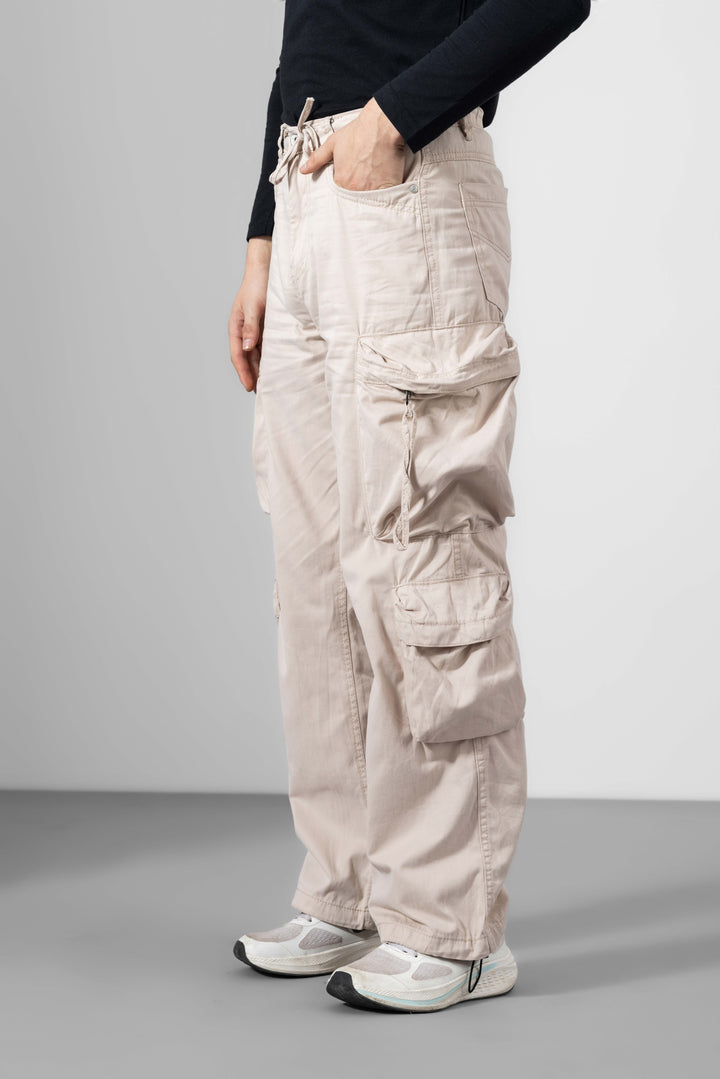 Cream Men Cotton Cargo Pants
