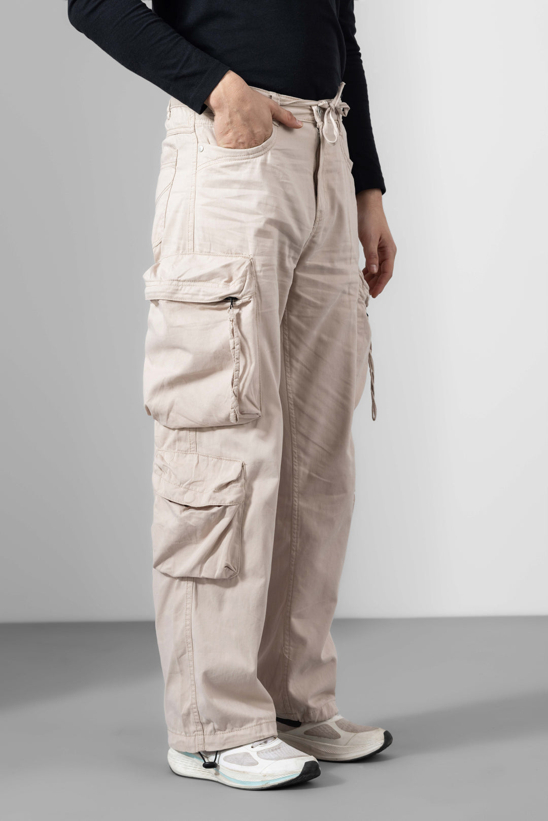 Cream Men Cotton Cargo Pants