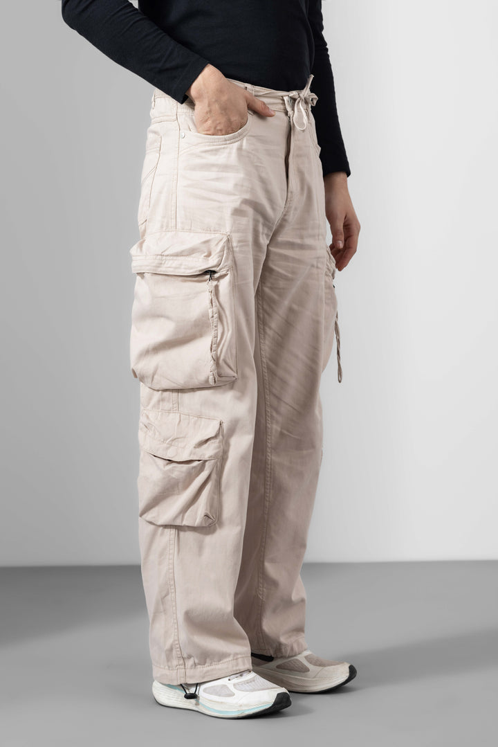 Cream Men Cotton Cargo Pants