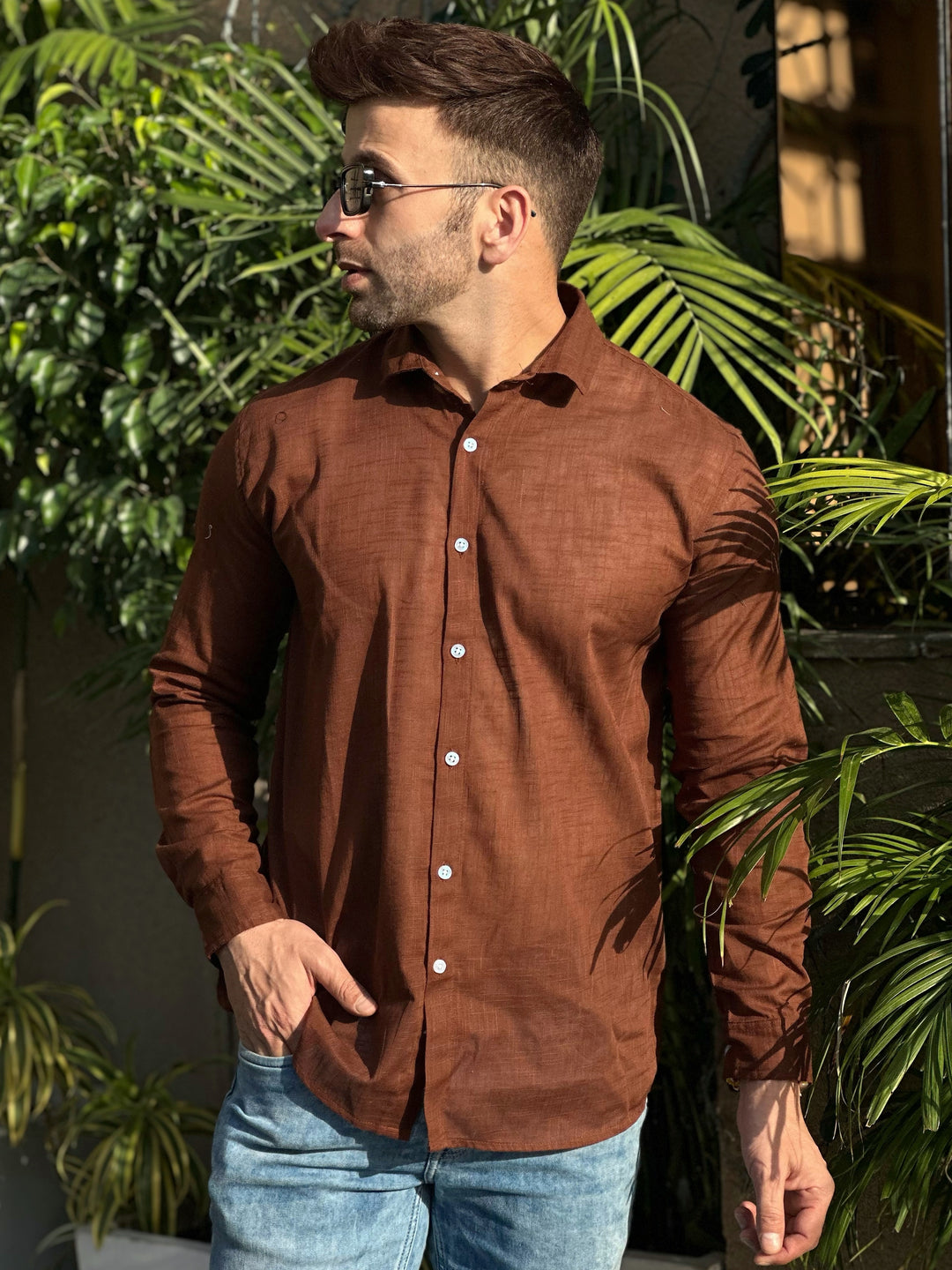 Brown Cotton Solid Shirt