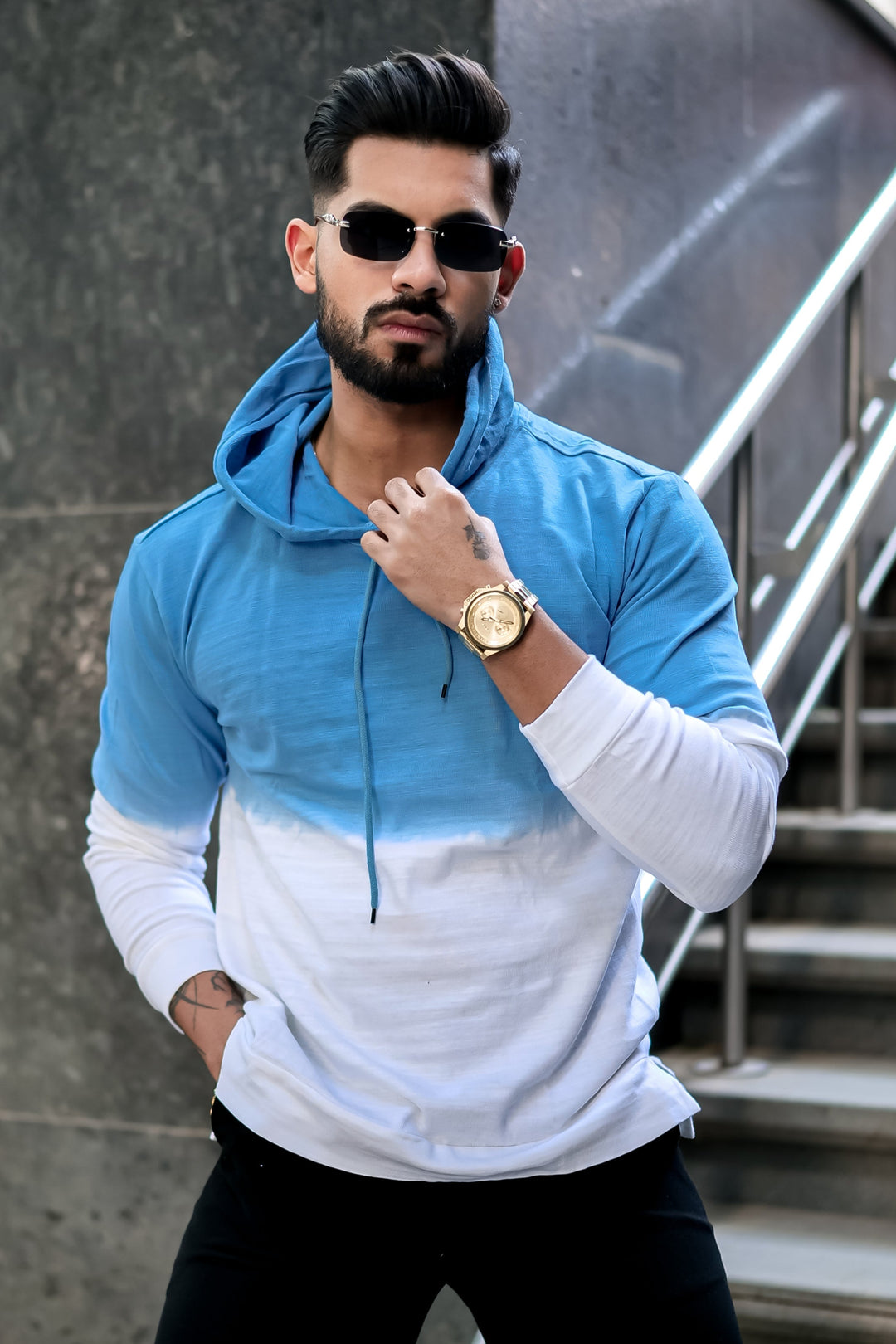 Blue White Tie Dye Hooded T-Shirt