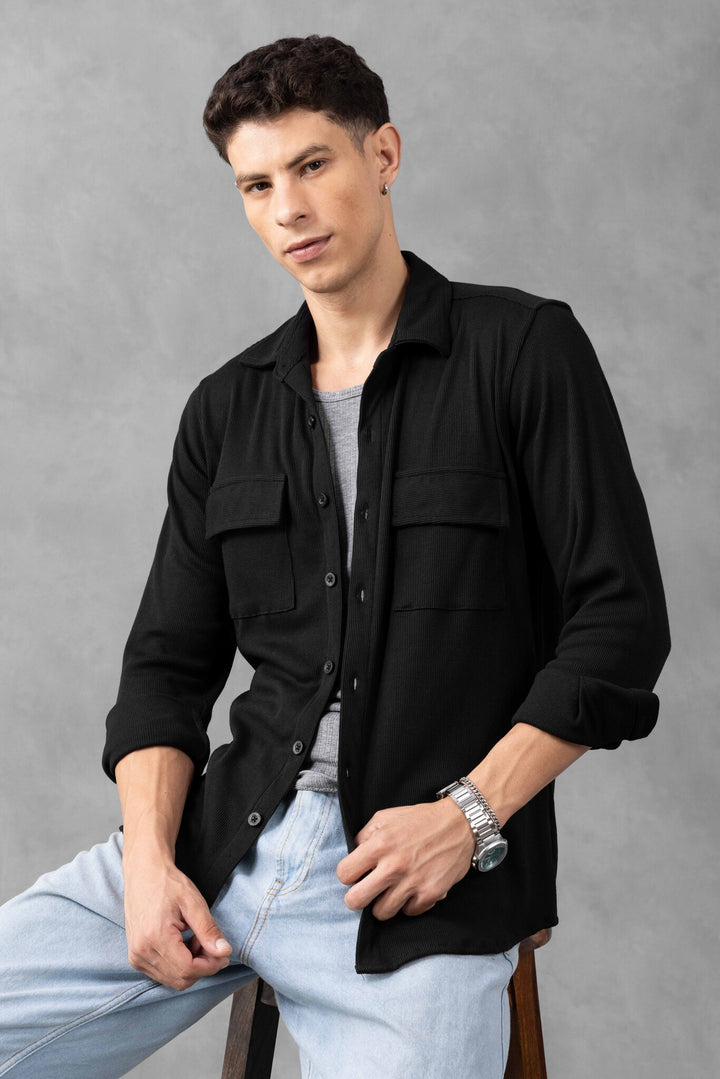 Black Double Pocket Havy Rib Over Shirt