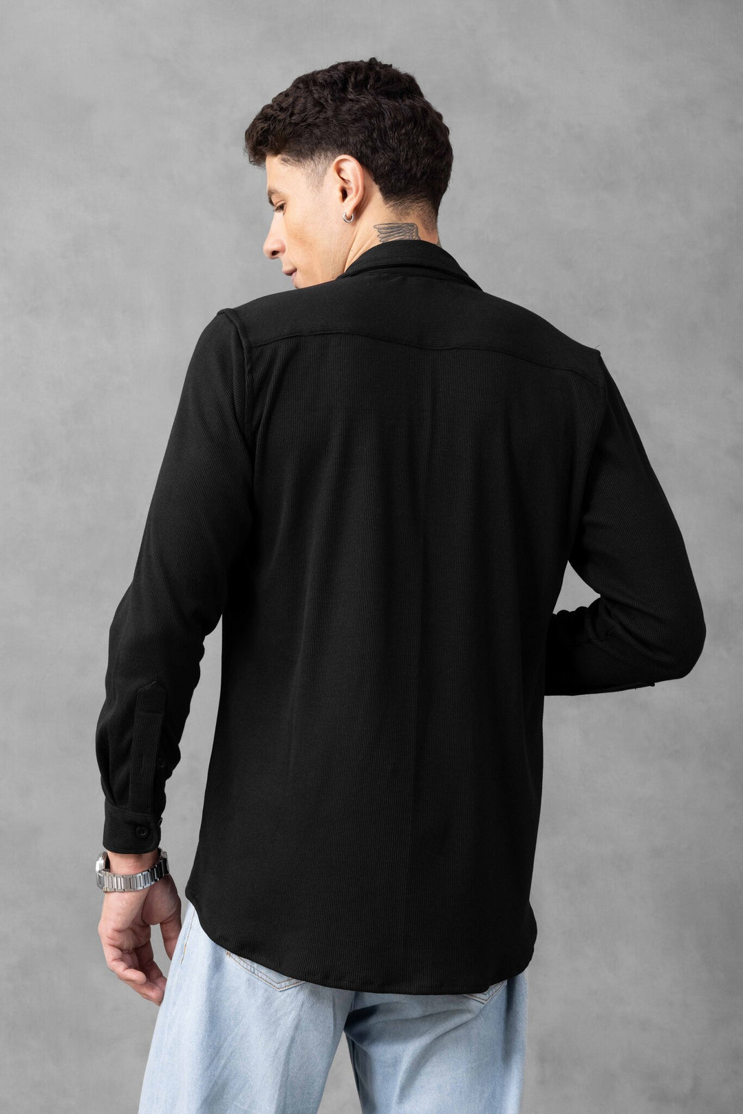 Black Double Pocket Havy Rib Over Shirt