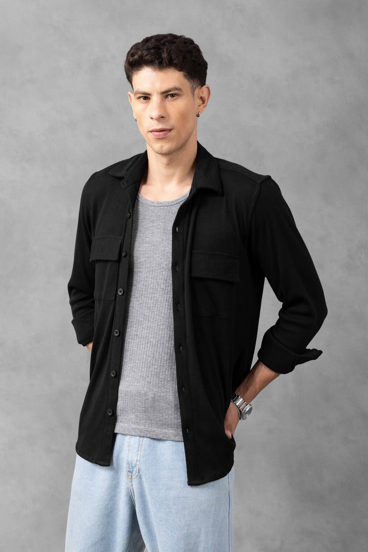 Black Double Pocket Havy Rib Over Shirt